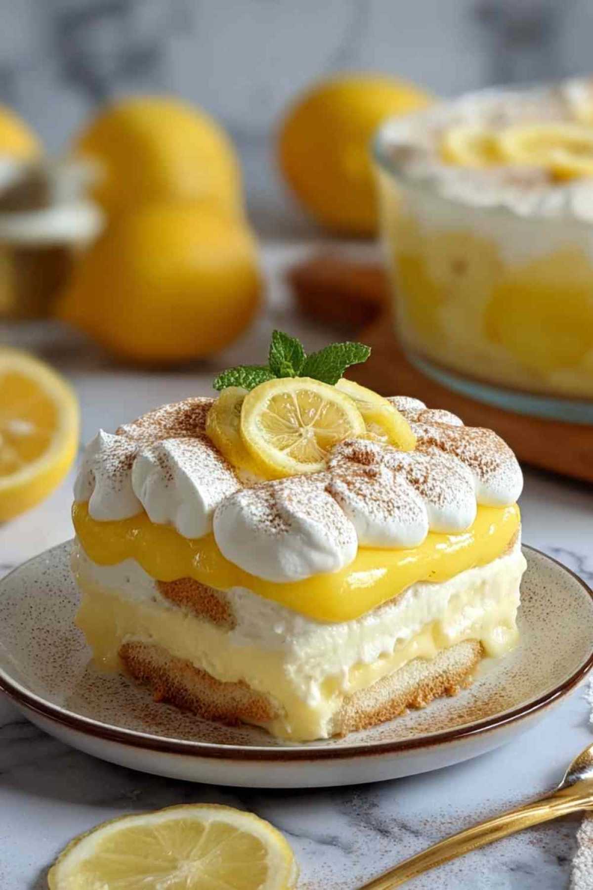 Fertiges Zitronen-Tiramisu ohne Ei in ovaler Auflaufform mit Lemon Curd-Dekoration