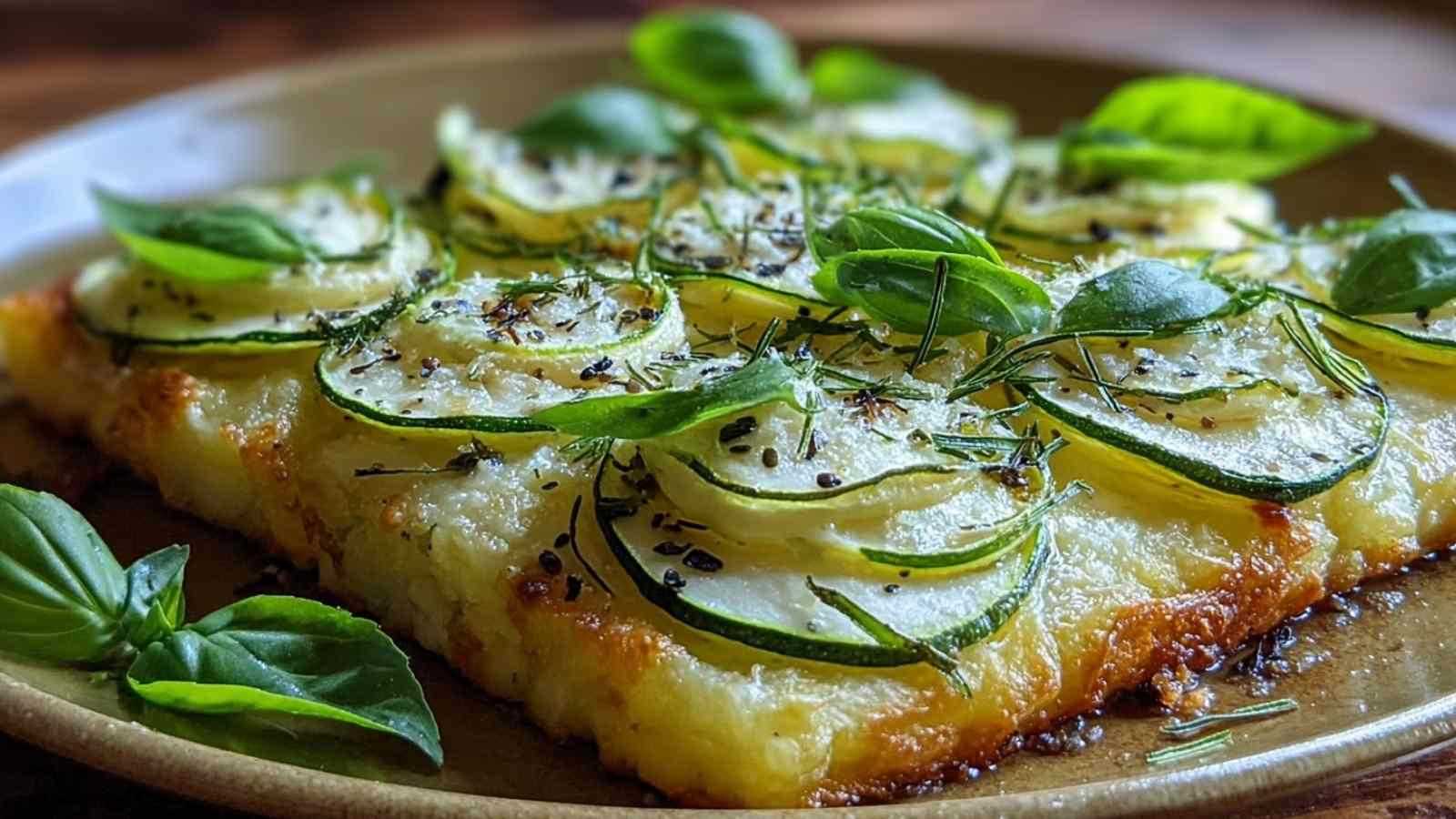 Goldbraune Zucchini Scarpaccia frisch aus dem Ofen in rechteckiger Auflaufform