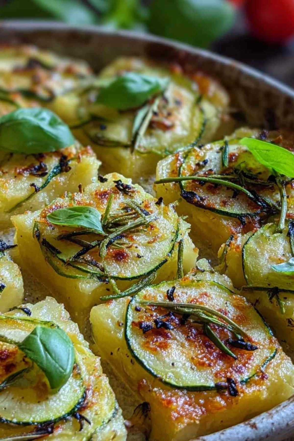 Goldbraune Zucchini Scarpaccia frisch aus dem Ofen in rechteckiger Auflaufform