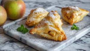 Frisch gebackene Blätterteig Apfeltaschen mit goldbrauner Kruste auf Backpapier