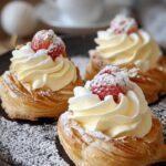 Blätterteigtörtchen mit Vanillecreme auf eleganter Kuchenplatte serviert mit Puderzucker bestäubt