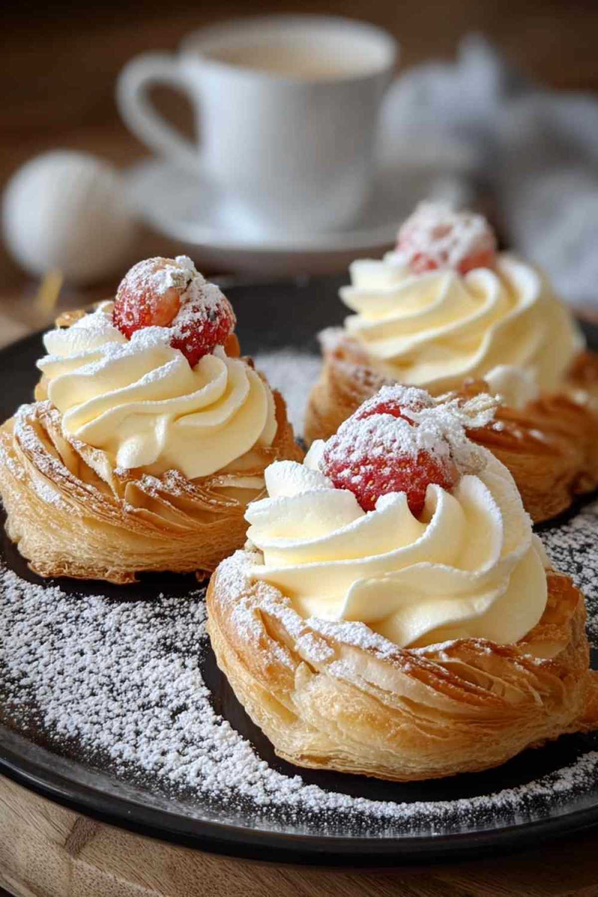 Blätterteigtörtchen mit Vanillecreme auf eleganter Kuchenplatte serviert mit Puderzucker bestäubt