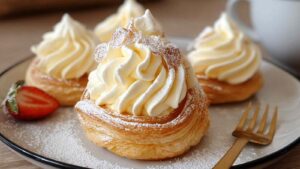 Blätterteigtörtchen mit Vanillecreme auf eleganter Kuchenplatte serviert mit Puderzucker bestäubt