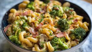 Cremige Pasta mit Brokkoli und Speck in großer Pfanne mit goldbraunen Champignons