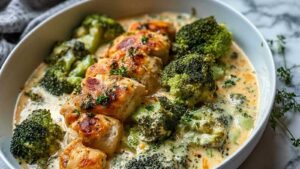 Hähnchen und Brokkoli in cremiger Sauce wird in einer Pfanne zubereitet mit goldbraunem Hähnchen