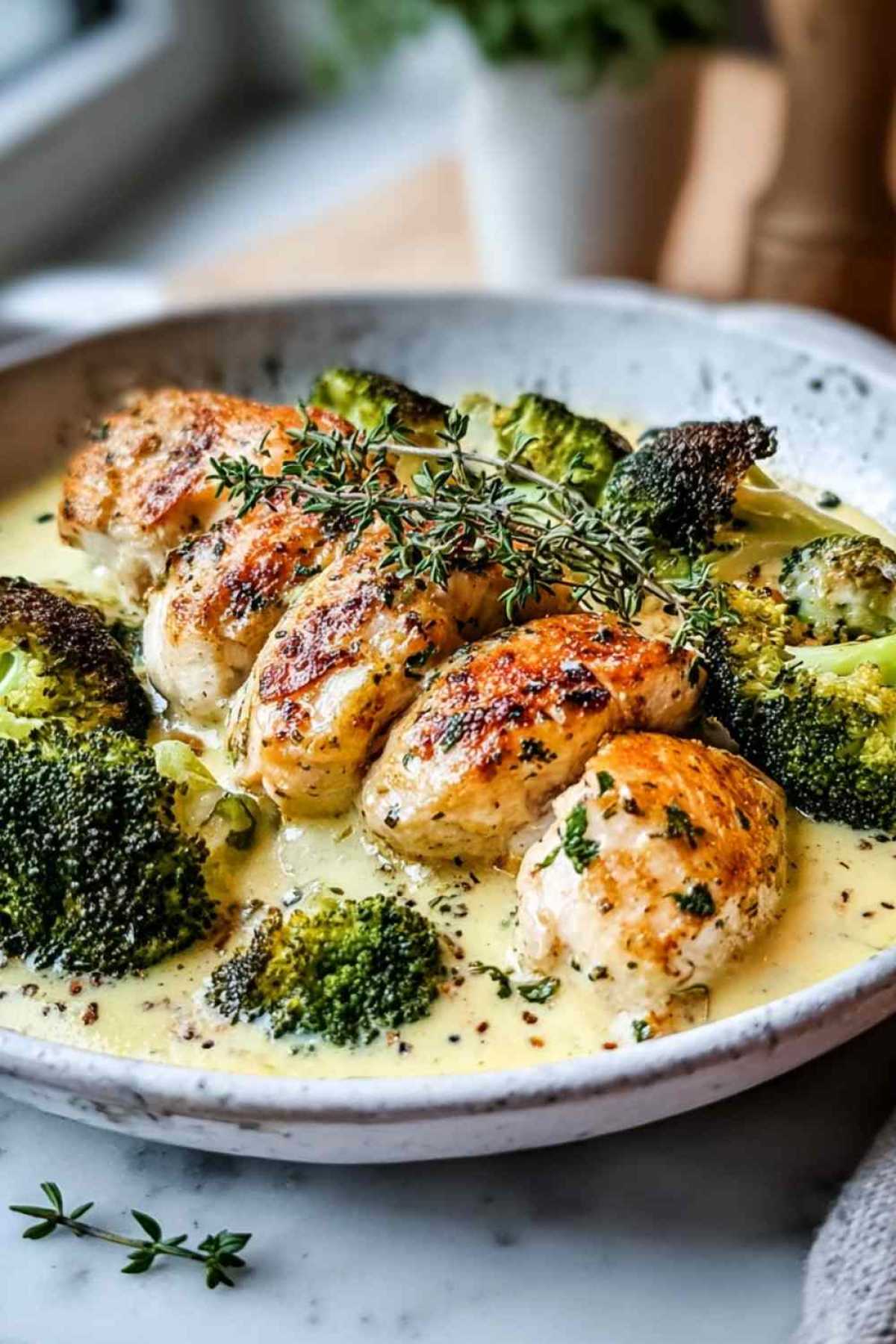 Hähnchen und Brokkoli in cremiger Sauce wird in einer Pfanne zubereitet mit goldbraunem Hähnchen