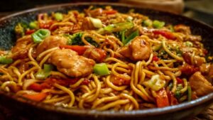 Hähnchen Teriyaki Nudeln mit Gemüse in einer großen Pfanne servierfertig angerichtet