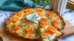 Kartoffelpizza mit geräuchertem Lachs und Kräuterfrischkäse auf Backpapier mit frischem Dill garniert
