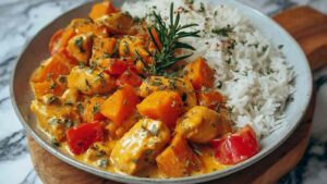 Kürbis Hähnchen Pfanne mit cremiger Sauce und zartem Gemüse in schwarzer Pfanne