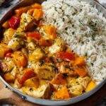 Kürbis Hähnchen Pfanne mit cremiger Sauce und zartem Gemüse in schwarzer Pfanne