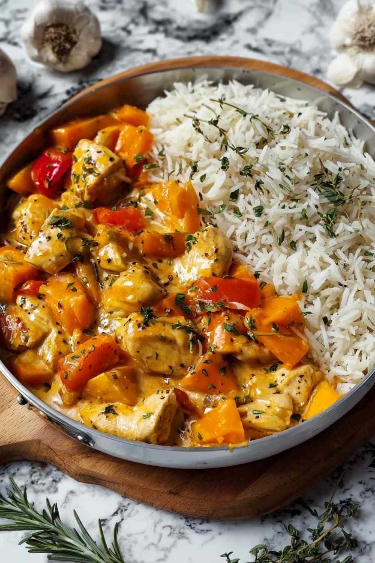 Kürbis Hähnchen Pfanne mit cremiger Sauce und zartem Gemüse in schwarzer Pfanne