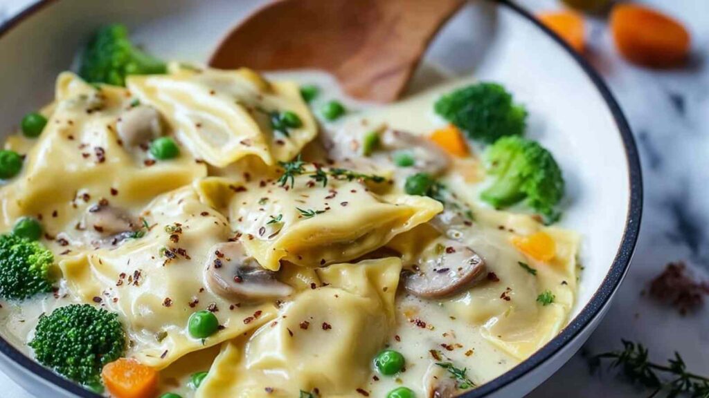 Maultaschen in cremiger Käse-Sahne-Soße in schwarzer Pfanne mit frischer Petersilie garniert