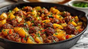 Mexikanische Hackfleisch-Pfanne mit Kartoffeln in großer Pfanne mit frischen Kräutern garniert