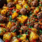 Mexikanische Hackfleisch-Pfanne mit Kartoffeln in großer Pfanne mit frischen Kräutern garniert