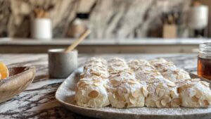 Mini Quarktaschen goldbraun gebacken auf Kuchengitter mit Mandelblättchen