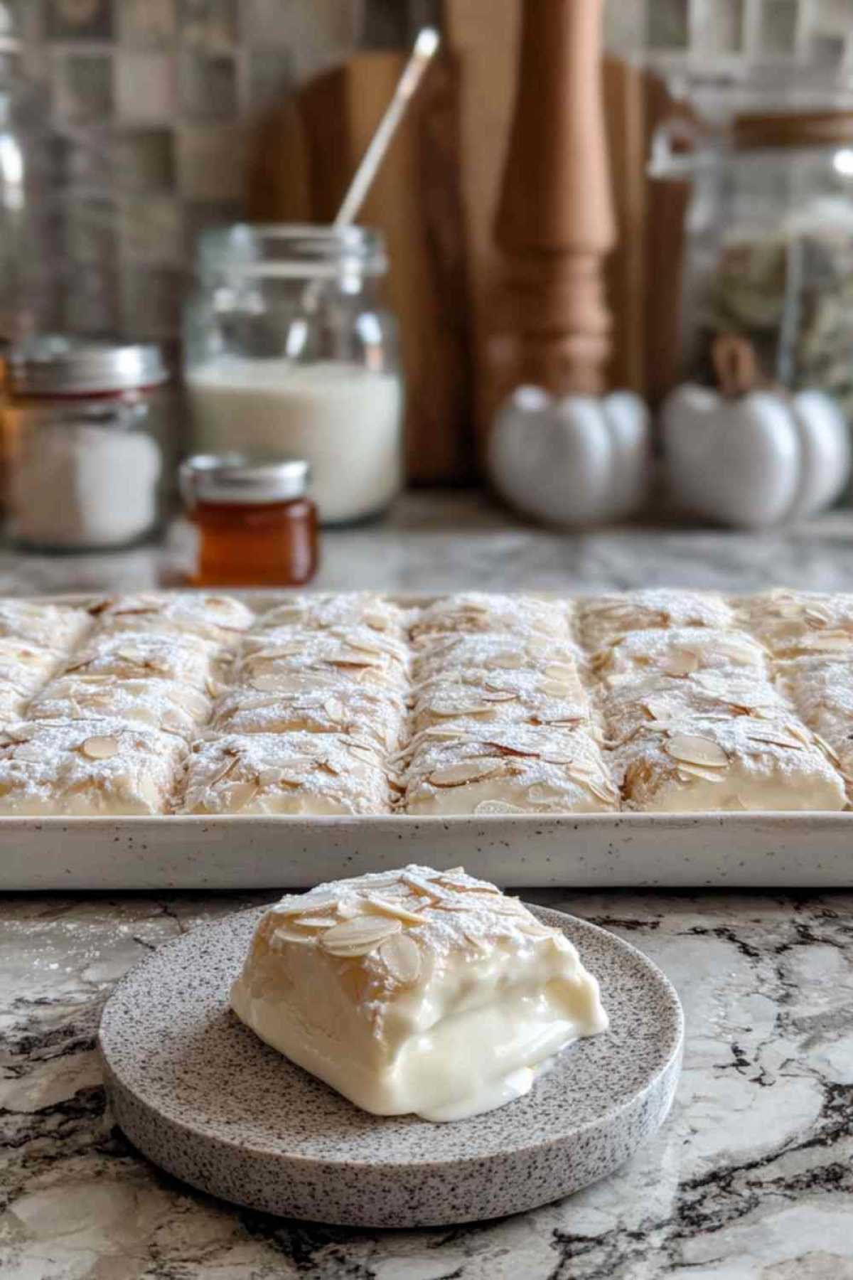 Mini Quarktaschen goldbraun gebacken auf Kuchengitter mit Mandelblättchen