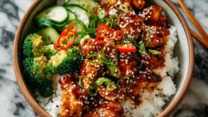 Sticky Chicken Rice Bowls mit glasiertem Hähnchen und buntem Gemüse auf Reis serviert
