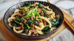 Udon-Nudeln mit Rinderhack und frischem Spinat in einer großen Pfanne beim Kochen