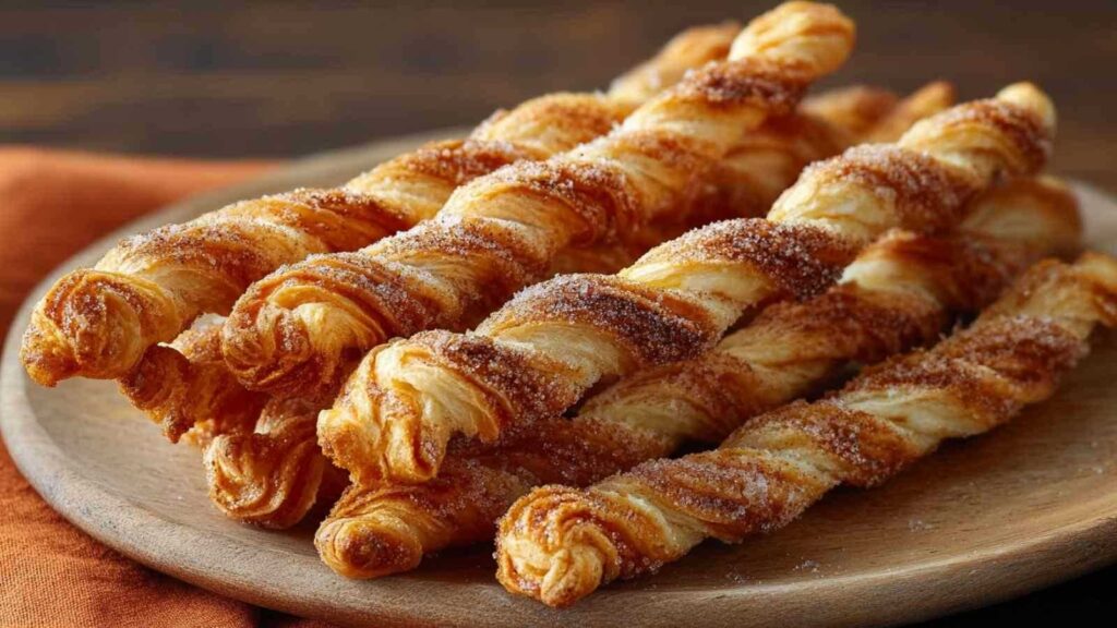 Goldbraune Zimt-Zucker-Stangen aus Blätterteig frisch vom Backblech mit karamellisierter Oberfläche