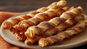 Goldbraune Zimt-Zucker-Stangen aus Blätterteig frisch vom Backblech mit karamellisierter Oberfläche