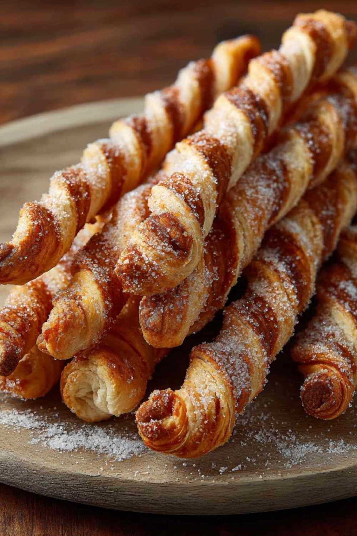 Goldbraune Zimt-Zucker-Stangen aus Blätterteig frisch vom Backblech mit karamellisierter Oberfläche