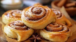 Goldbraune Zimtschnecken aus Blätterteig auf einem Backblech direkt aus dem Ofen