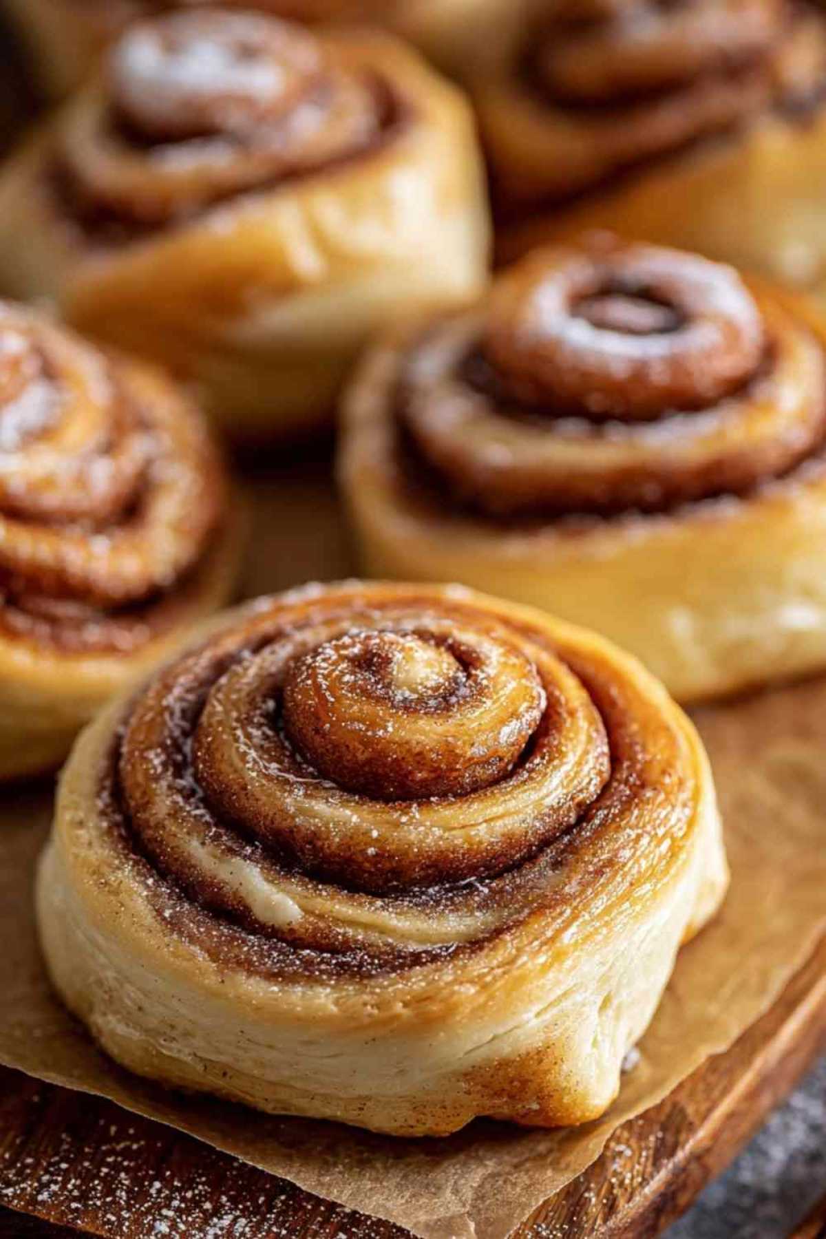 Goldbraune Zimtschnecken aus Blätterteig auf einem Backblech direkt aus dem Ofen