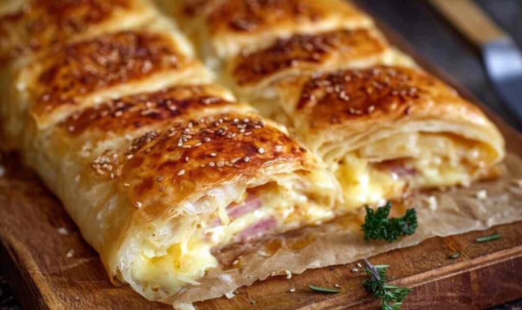 Blätterteig mit Schinken und Käse gefüllt