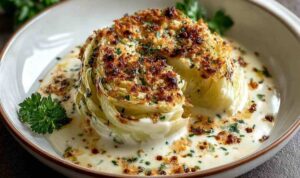 Cremig überbackener Spitzkohl mit goldbrauner Café de Paris Kruste frisch aus dem Ofen