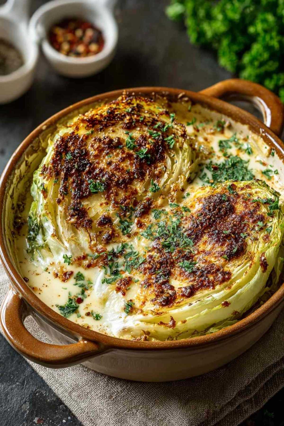 Cremig überbackener Spitzkohl mit goldbrauner Café de Paris Kruste frisch aus dem Ofen
