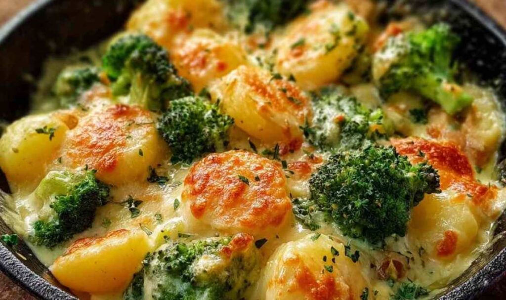Cremige Brokkoli-Kartoffeln in Auflaufform mit goldbrauner Käsekruste frisch aus dem Ofen
