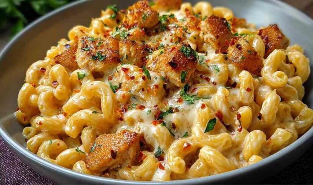 Cremige Honig-Pfeffer-Hähnchen-Mac-and-Cheese in Auflaufform mit goldbrauner Käsekruste