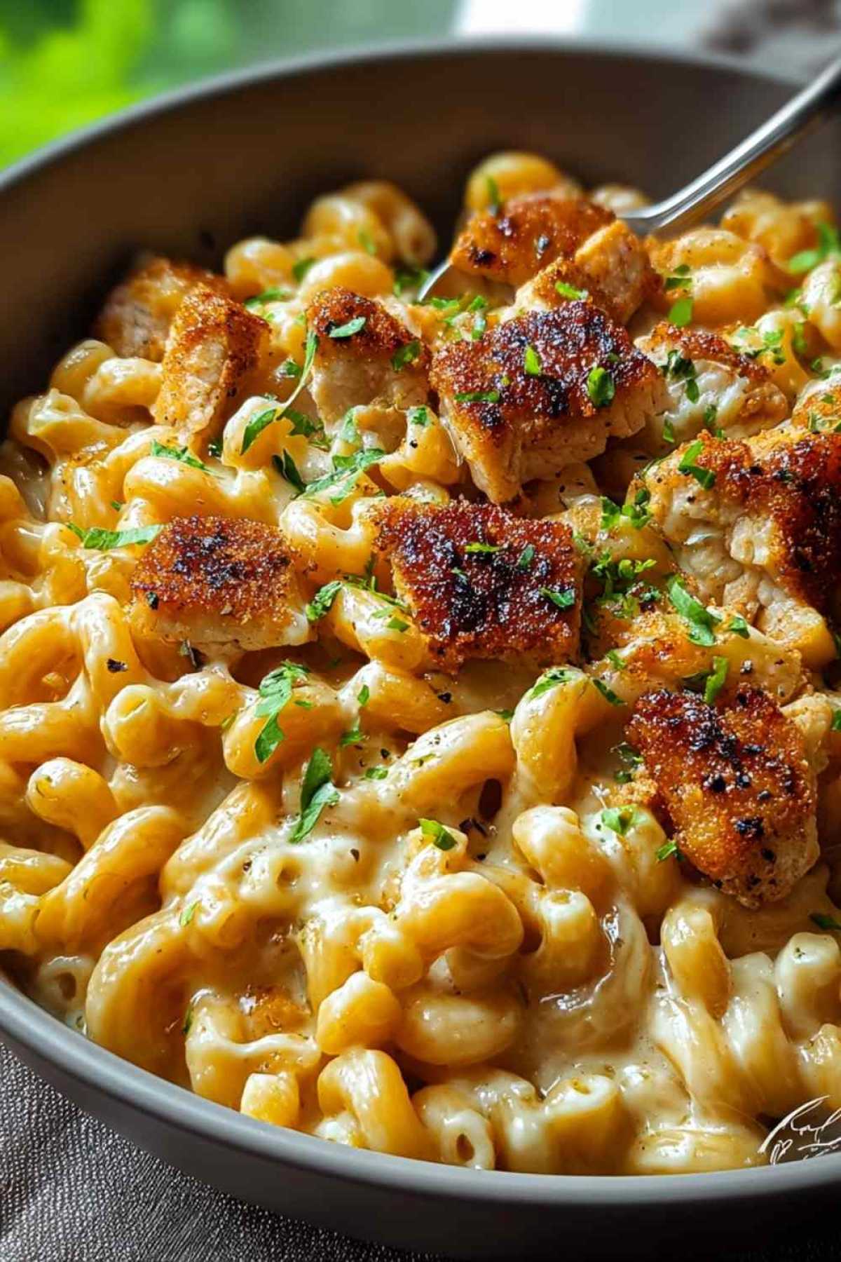 Cremige Honig-Pfeffer-Hähnchen-Mac-and-Cheese in Auflaufform mit goldbrauner Käsekruste