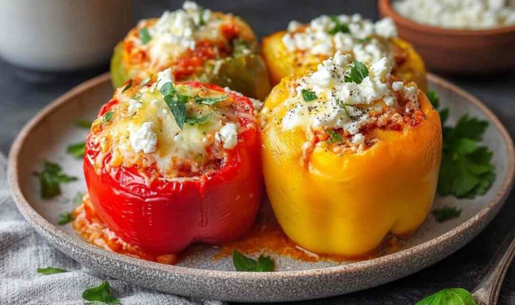 Gefüllte Paprika mit Reis und Feta in einer Auflaufform vor dem Backen
