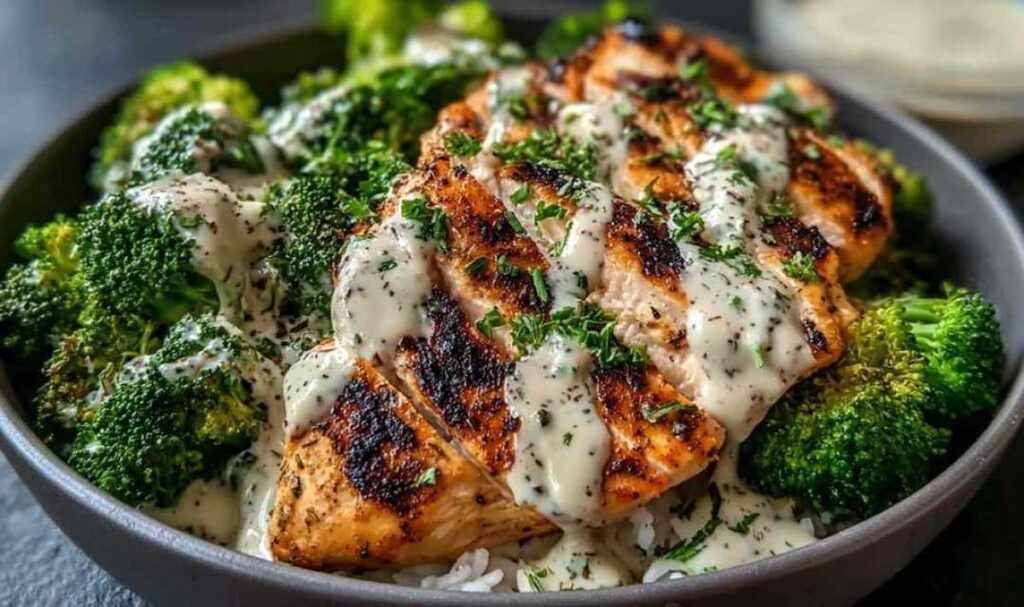 Gegrilltes Hähnchen mit Brokkoli und cremiger Knoblauch-Sahne-Sauce in einer Bowl angerichtet