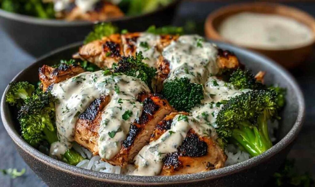 Gegrillte Hähnchenbrust mit Brokkoli-Bowls und cremiger Knoblauchsauce