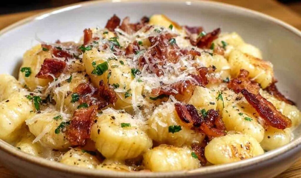 Cremige Gnocchi Carbonara mit knusprigem Speck und frisch geriebenem Parmesan auf weißem Teller