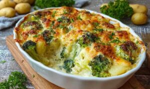 Kartoffel-Brokkoli-Auflauf mit goldbrauner Käsekruste frisch aus dem Ofen