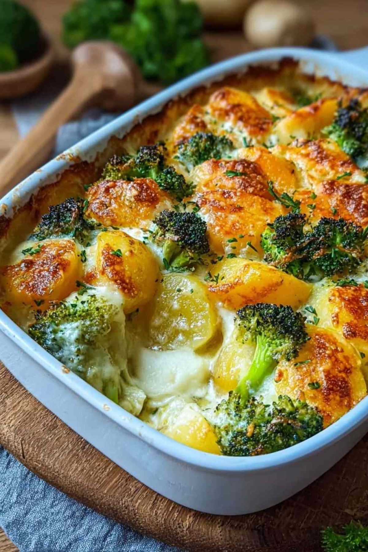 Kartoffel-Brokkoli-Auflauf mit goldbrauner Käsekruste frisch aus dem Ofen