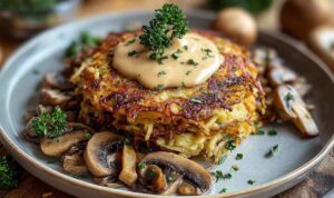 Knusprige Mozzarella-Rösti mit Zwiebel-Pilzrahmsauce auf weißem Teller garniert mit Petersilie