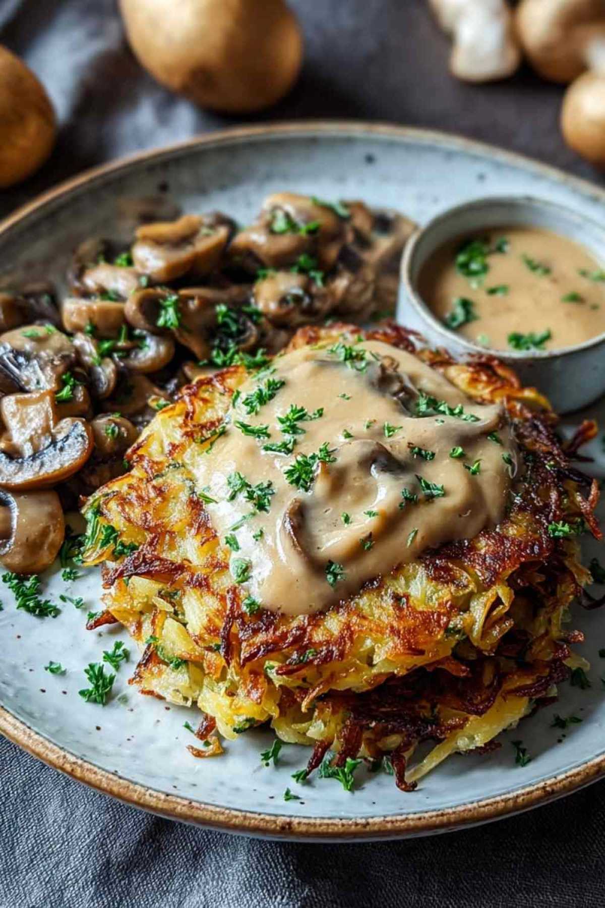 Knusprige Mozzarella-Rösti mit Zwiebel-Pilzrahmsauce auf weißem Teller garniert mit Petersilie