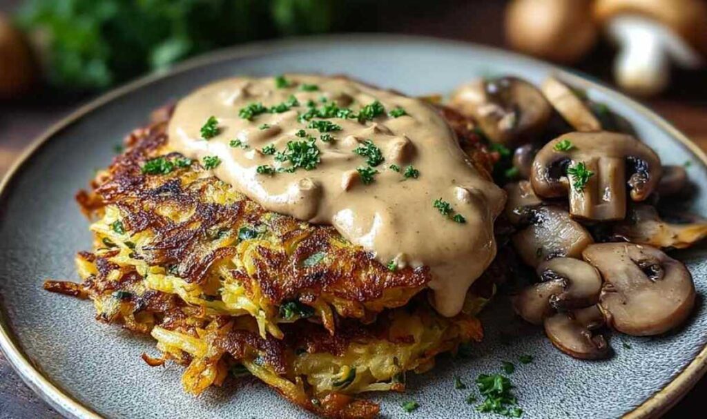 Knusprige Mozzarella-Rösti mit cremiger Zwiebel-Pilzrahmsauce