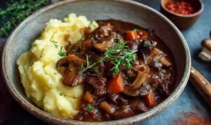 Veganes Pilz-Gulasch Bourguignon in rustikaler Schüssel mit cremigem Kartoffelpüree und frischem Thymian
