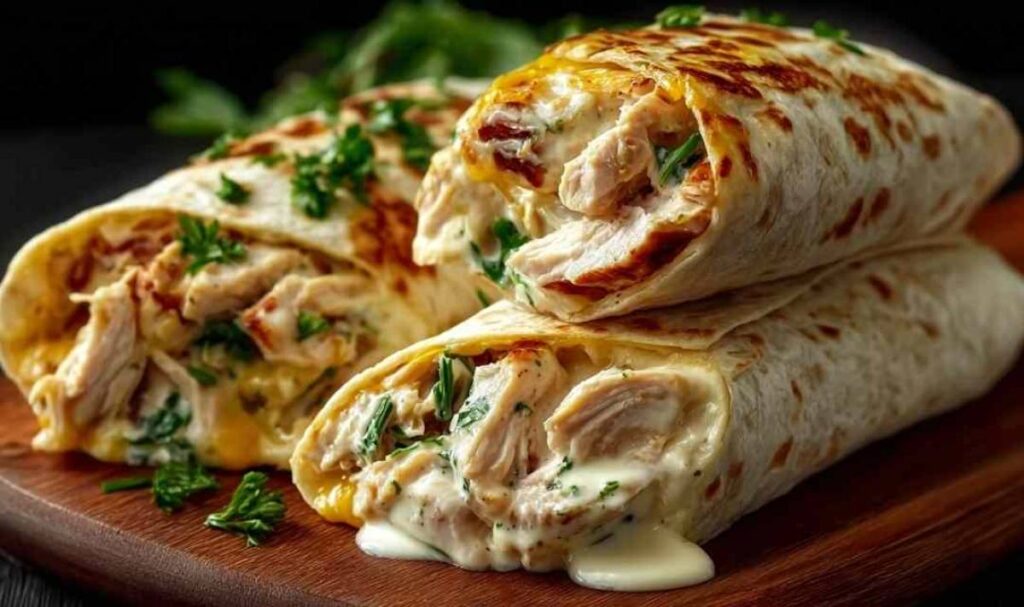 Käse-Knoblauch-Hähnchen-Wraps goldbraun gebraten auf Holzbrett mit geschmolzenem Käse