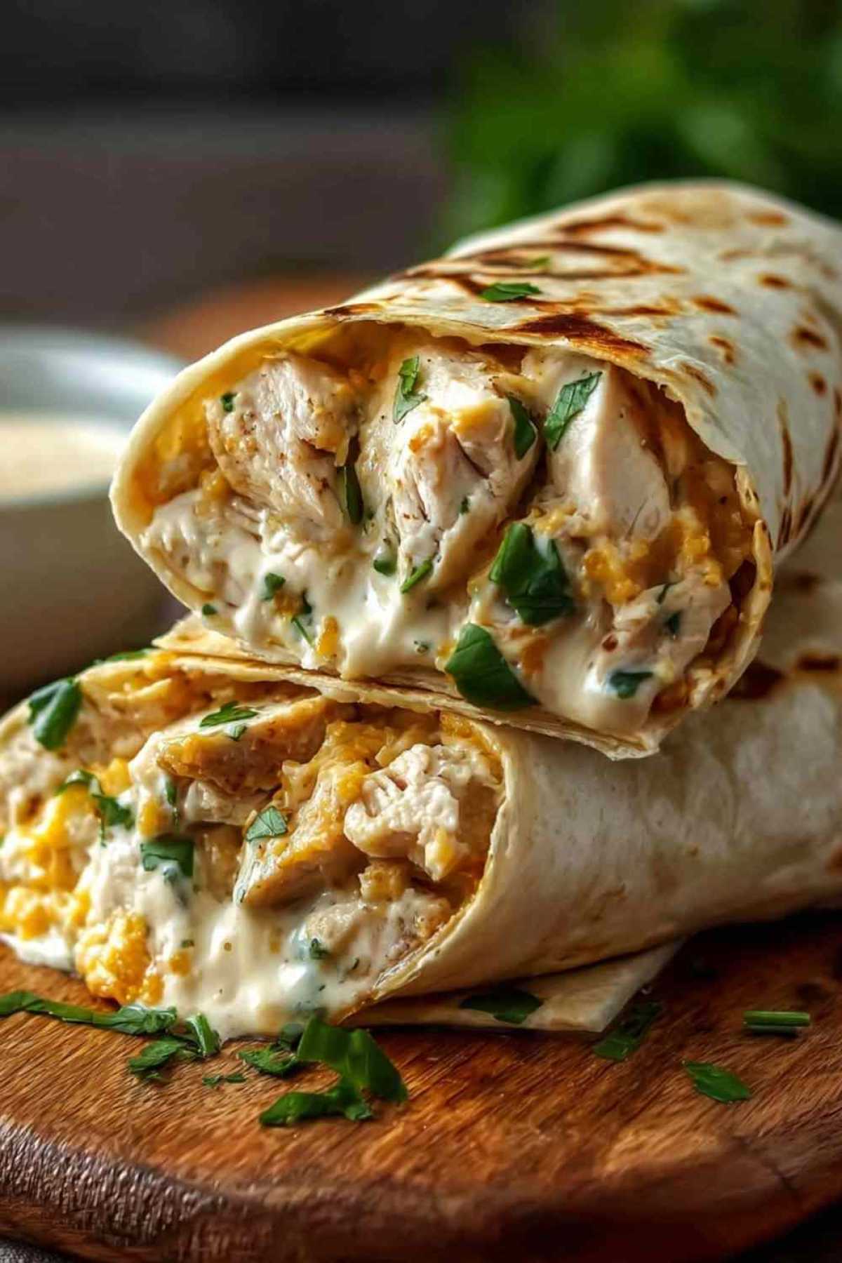 Käse-Knoblauch-Hähnchen-Wraps goldbraun gebraten auf Holzbrett mit geschmolzenem Käse