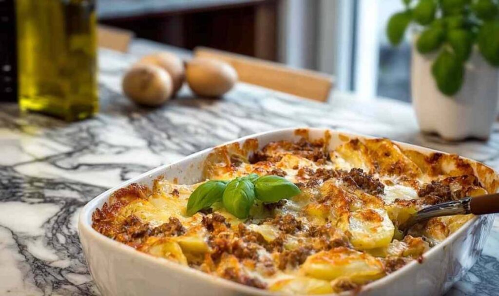 Kartoffel-Hackfleisch Auflauf frisch aus dem Ofen mit goldbrauner Käsekruste in Auflaufform