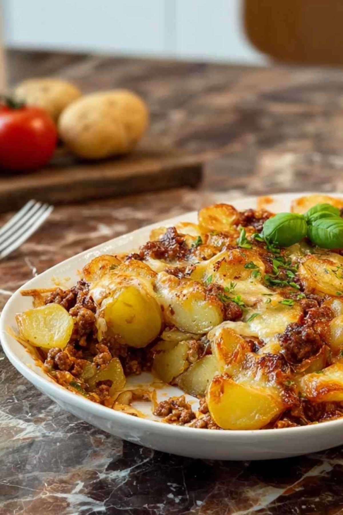 Kartoffel-Hackfleisch Auflauf frisch aus dem Ofen mit goldbrauner Käsekruste in Auflaufform