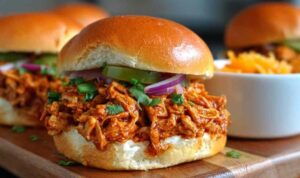 Cajun Hähnchen Sloppy Joes mit geschmolzenem Käse auf gerösteten Hamburgerbrötchen serviert