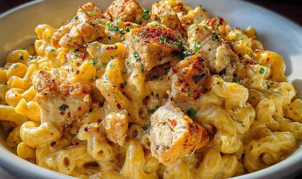 Honey Pepper Chicken Mac and Cheese mit glasiertem Hähnchen und cremiger Käsesauce auf weißem Teller