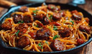 Würzige Honig-BBQ-Wurst-Pasta in weißer Schüssel mit glänzender Sauce und Petersilie